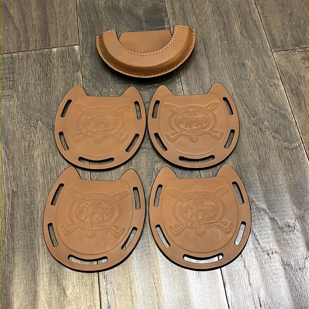 Polo Ralph Lauren Wentworth Coasters + Caddy Horseshoe Equestrian Saddle Leather